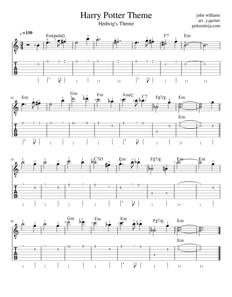 harry potter theme song guitar sheet music easy